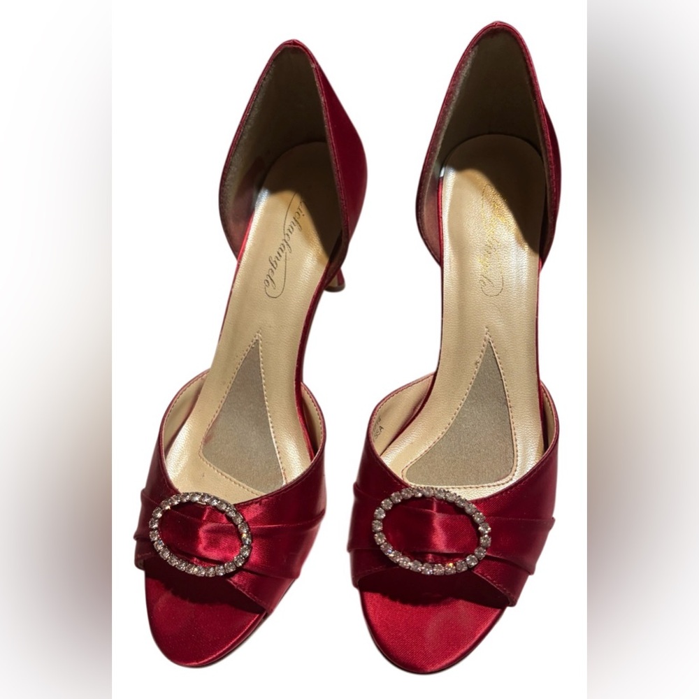 Elegant Red Satin Heels with Rhinestone Detail
